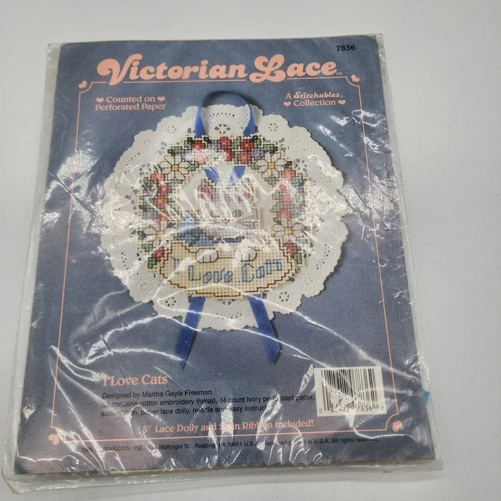 Cross Stitch Kit Victorian Lace I Love Cats Vintage 1989 NIP Martha Freeman 7836